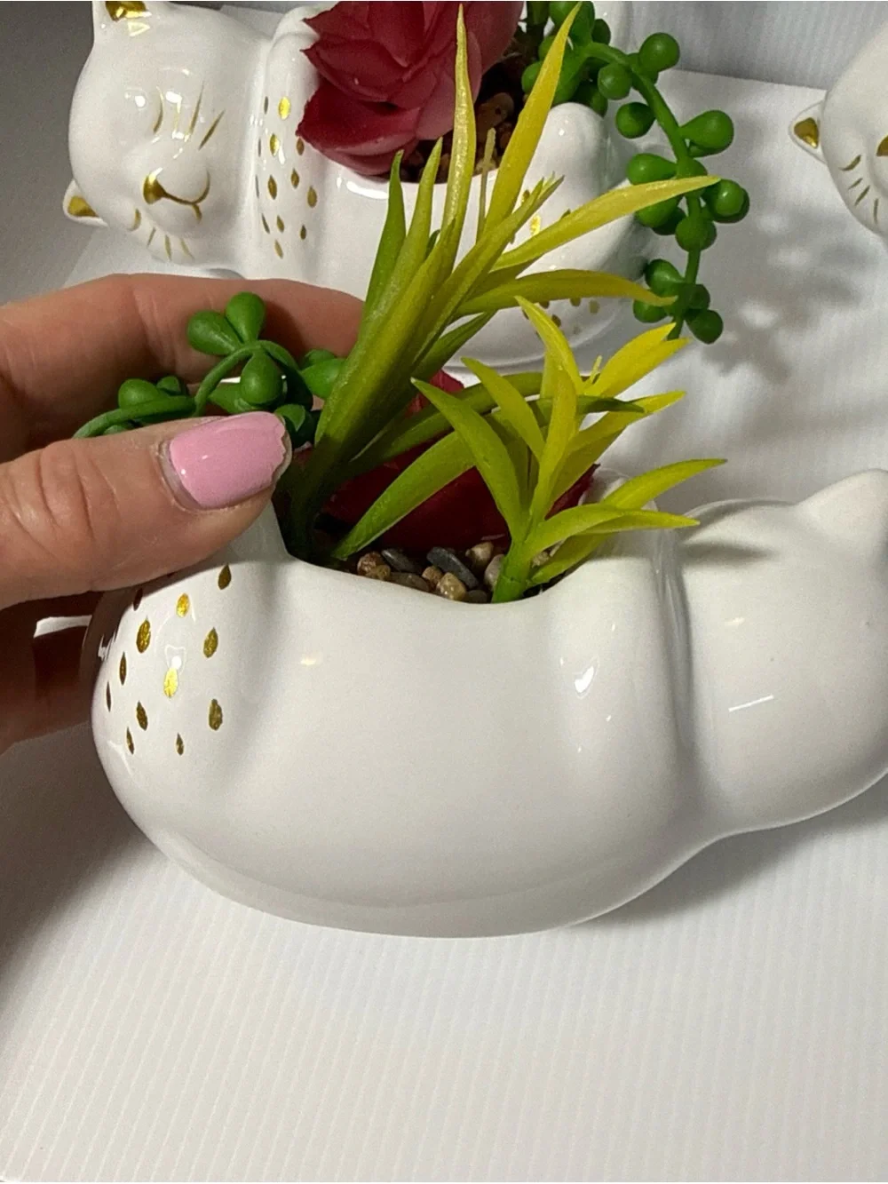 Modern Expressions White Ceramic Cat Planter w/ Faux Succulents